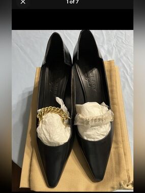 Burberry Black Pointed Leather heel with Gold Chain Accent